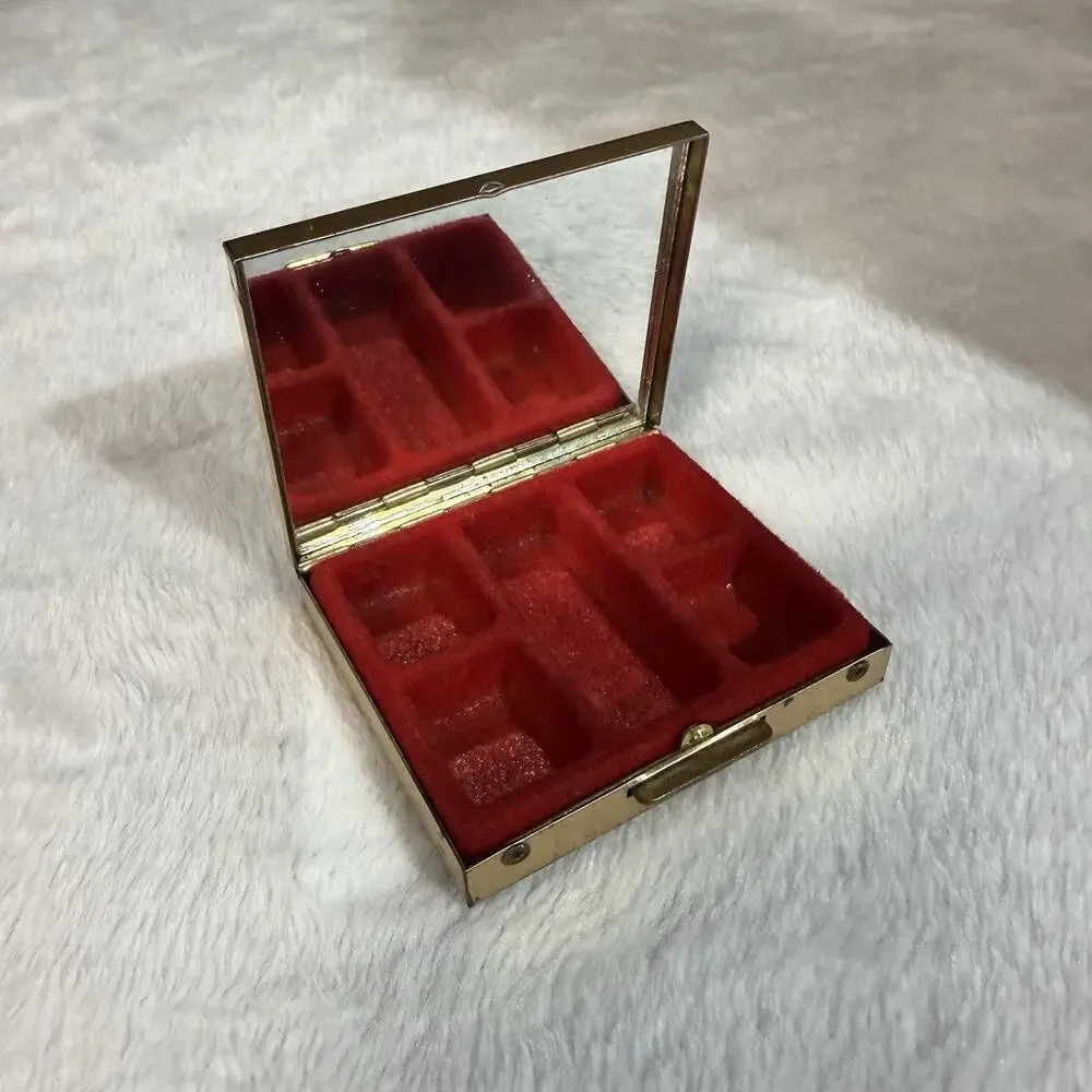 Vtg 50s MCM Jewelry Earring Small Box Snap Case Gold Red Velvet Compact Mirror